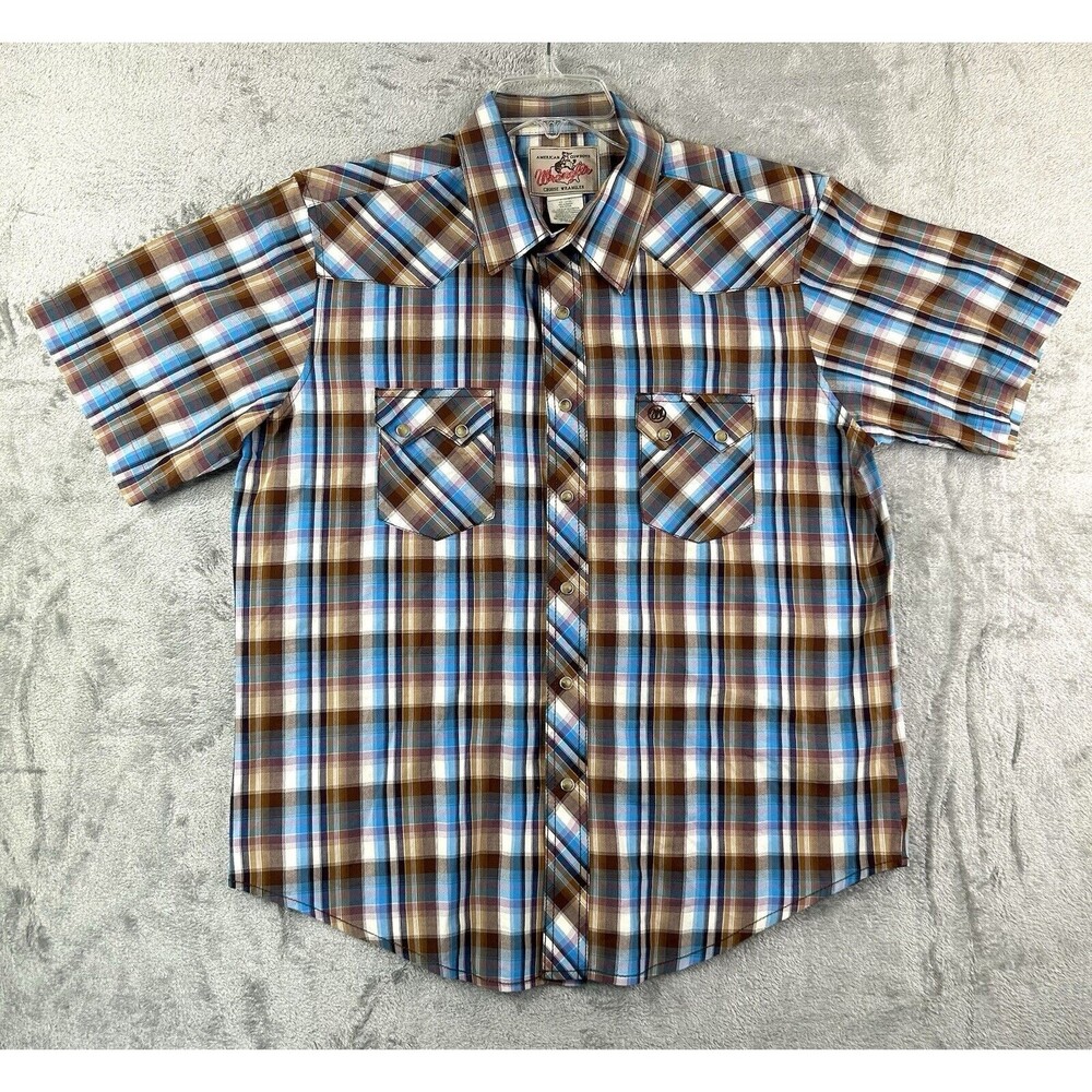 Wrangler Pearl Snap Shirt Western Men's Large Short Sleeve Blue Plaid